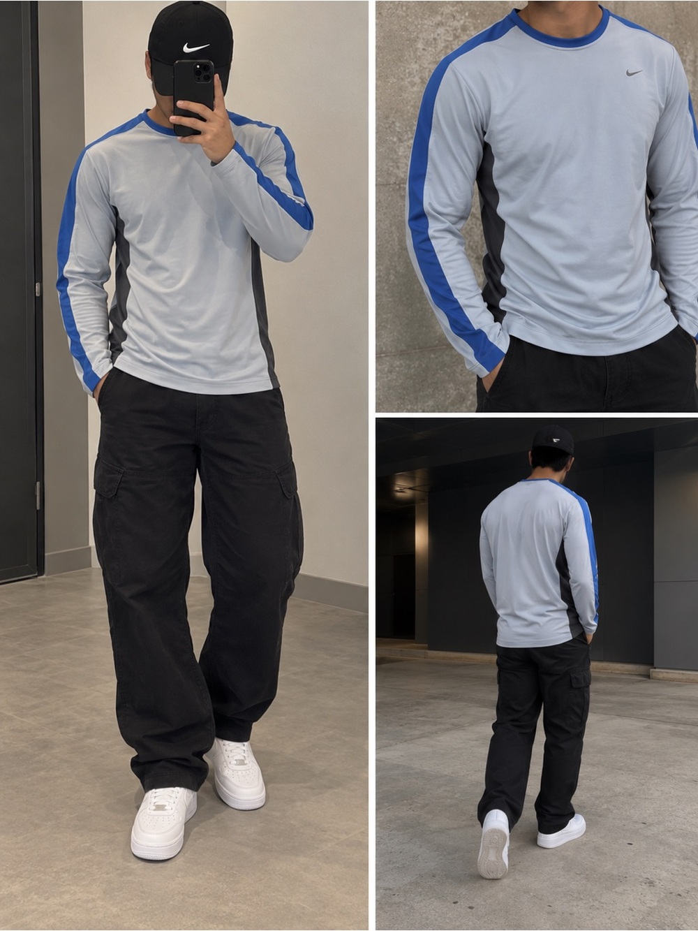 Nike Light Gray Long-Sleeve Athletic Tee with Blue Shoulder Stripe